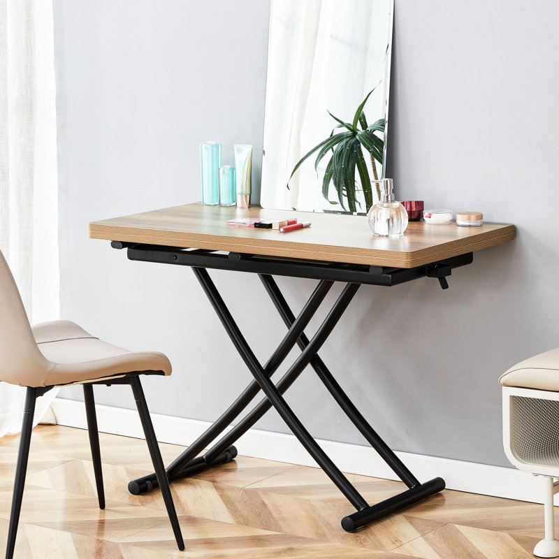 Table relevable moderne en bois texturé de 2 cm d'épaisseur, pattes en métal noir, aspect naturel, idéale pour le café, les repas et le travail. Montage facile et polyvalent, hauteur réglable.