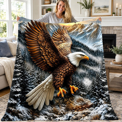 1pc Majestic Eagle Flannel Blanket, Wildlife Bald Eagle Mountain Forest Landscape Print Cozy Throw, Soft Warm Decorative Blanket for Sofa Couch Bed Living Room Office, All-Season Home Decor Gift