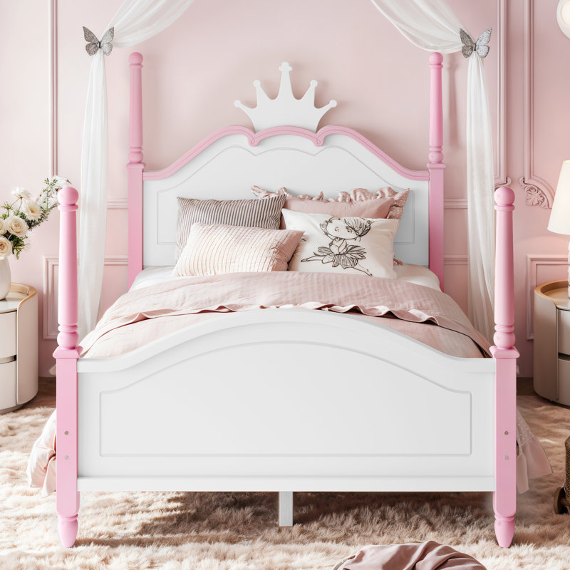 Lit plateforme double en forme de couronne, cadre de lit à baldaquin en bois avec tête et pied de lit incurvés, blanc et rose