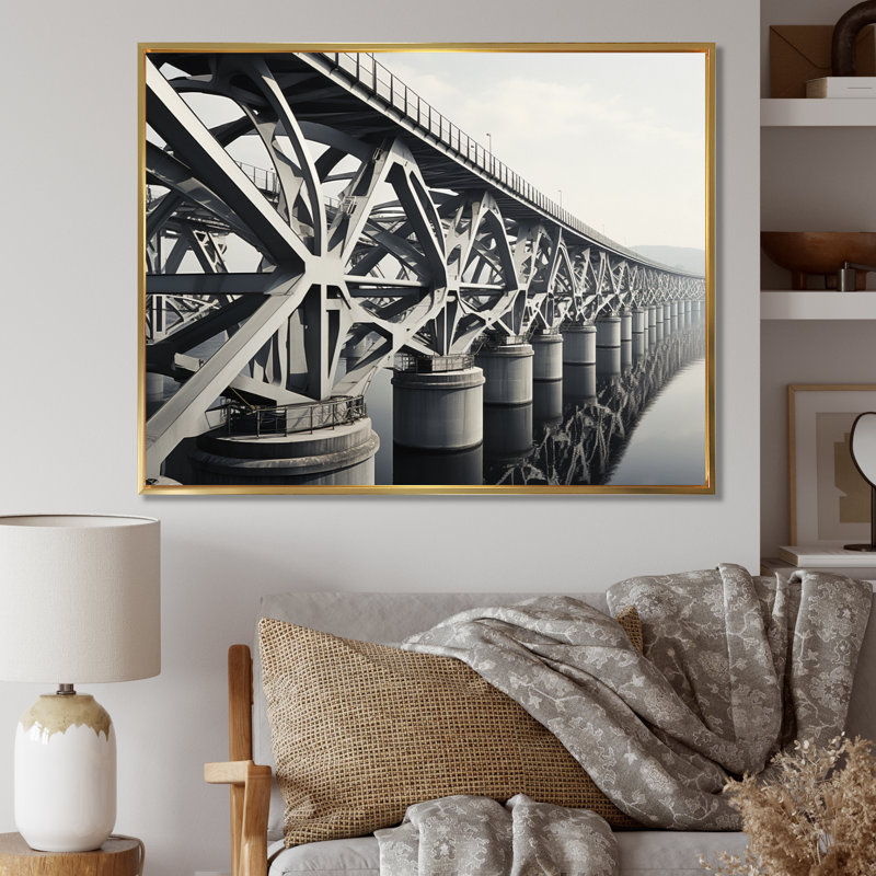 Edorta pont gris avec traverses monochromes graphite I - impression, Cadre flottant doré, H 16 po x l 32 po x P 1 po