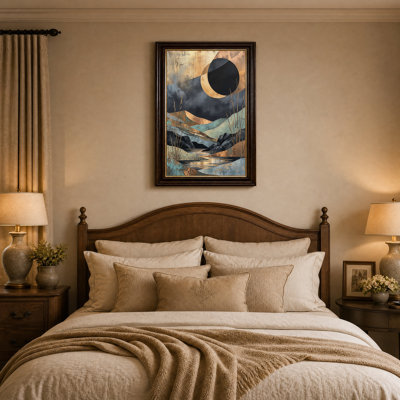 Tableau abstrait sur toile représentant un paysage doré et turquoise