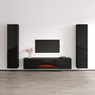 Breeahna 103.6" Modern Entertainment Center with Electric Fireplace, High Gloss Finish, Wall-Mounted