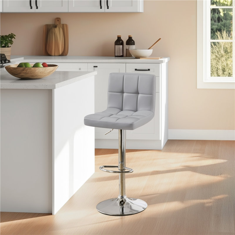 Height Adjustable PU Leather Bar Stool with Backrest and Footrest, Light Gray