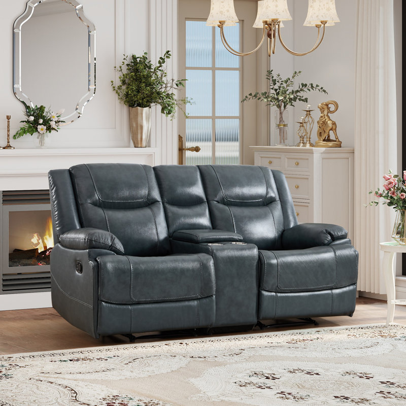Luxury 74'' Wide Genuine Leather Reclining Loveseat With Cup Holders & Storage Console（Set Of 2), Navy Blue