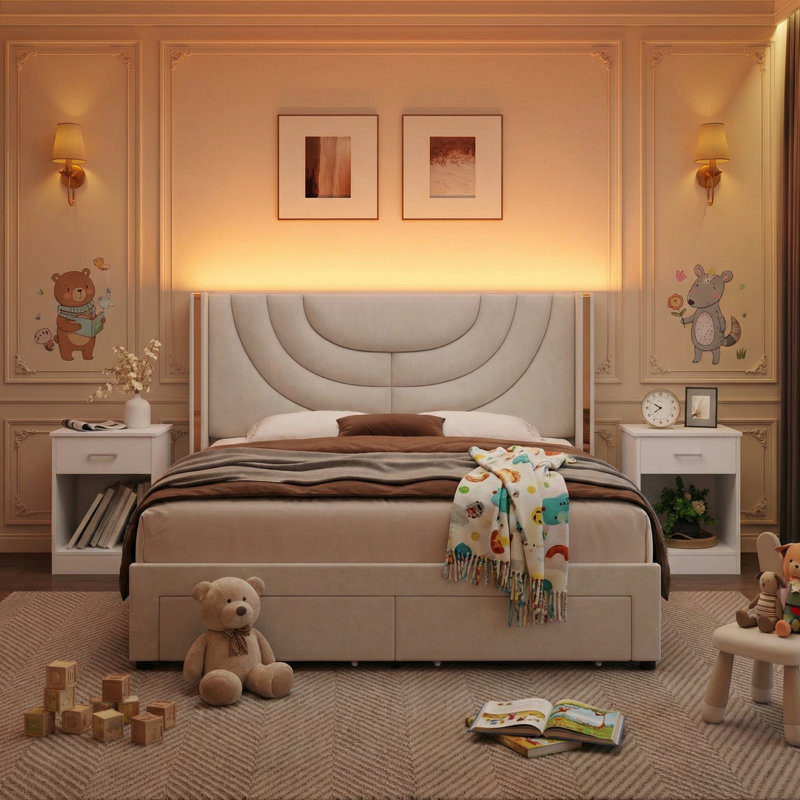 3-Piece Bedroom Set, All-in-One Kids Bedroom Solution, Upholstered Bed with Ambient Light + 2 Nightstands, EXTRA Storage Drawer