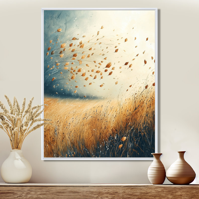 «Meadow Windy Prairie Leaves I», art mural prairie, H 32 po x l 16 po, Reproduction avec cadre flottant, Blanc
