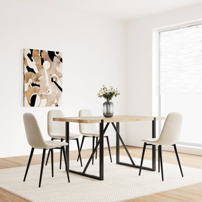 5 Piece Dining : 55" Wood Table And 4 Modern Chairs, Minimalist Design, Linen Upholstery, 1.5 Inch Thick Wood, Metal Base, Comfortable Seating, Simple