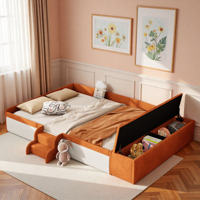 Upholstered Daybed With Stairs And Gas Lift Storage Ottoman