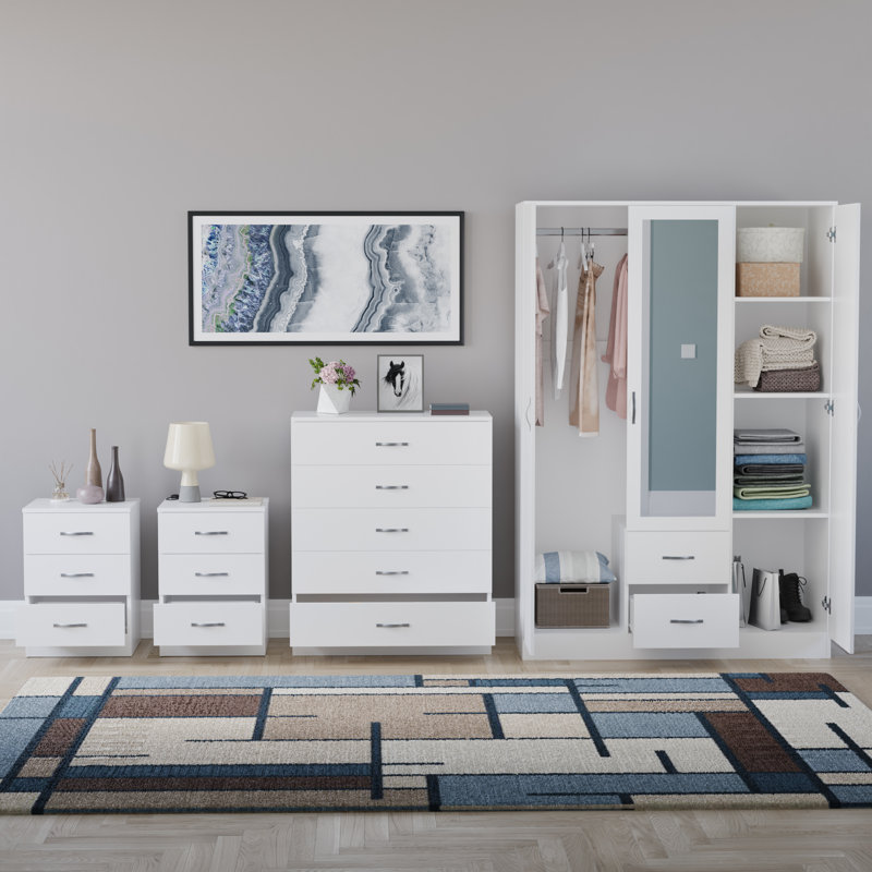 Tayce 4 Piece Bedroom Set (3 Drawer Bedside Chest X2, 5 Drawer Chest, 3 Door 2 Drawer Mirrored Wardrobe), White