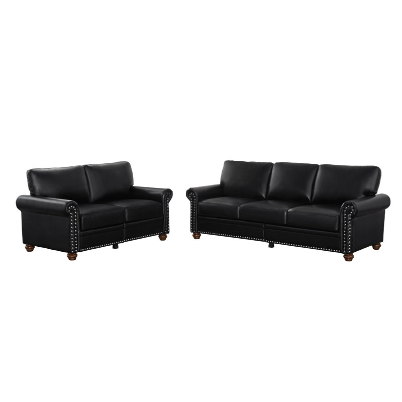 Canapé noir en similicuir pour le salon - Canapé modulaire 2 + 3 avec rangement, revêtement et pieds en métal, rangement suffisant, cuir, structure stable, siège agréable