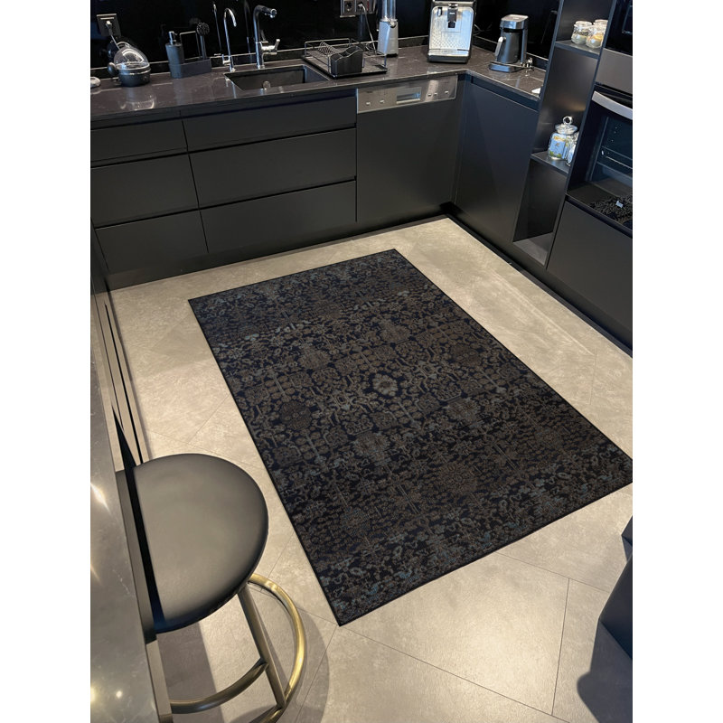 Tapis décoratif moderne à motif floral noir, Rectangle 4 pi 7,12 po x 6 pi 6,74 po