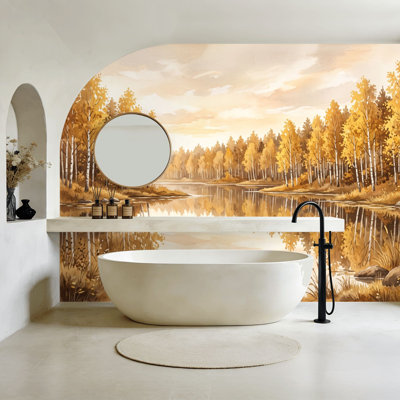 Peel and Stick Wallpaper Autumn Forest Lake Landscape Golden Birch Trees Water Reflection Warm Wall Murals 100"H x 144"W Removable PVC Wall Paper Self-Adhesive Wall Decor for Bedroom Living Room Home Office