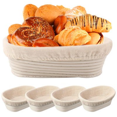 Ensemble de 4 paniers ovales à l'épreuve du Banneton de 10 pouces, paniers à pain au levain en rotin naturel avec doublures en lin, bols à levure artisanaux pour boulanger à domicile et professionnel (ovale de 10 po, ensemble de 4)