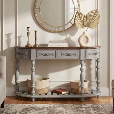 52" Modern and Contemporary Curved Console Table Antique Gray Wood Sofa Table Entryway Table for Hallway Living Room with 4 Drawers and Open Shelf