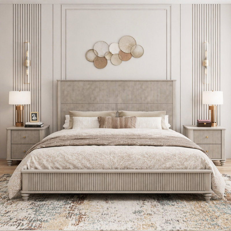 Ensemble de chambre à coucher 3 pièces avec très grand lit et 2 tables de chevet, Beige, Très grand lit
