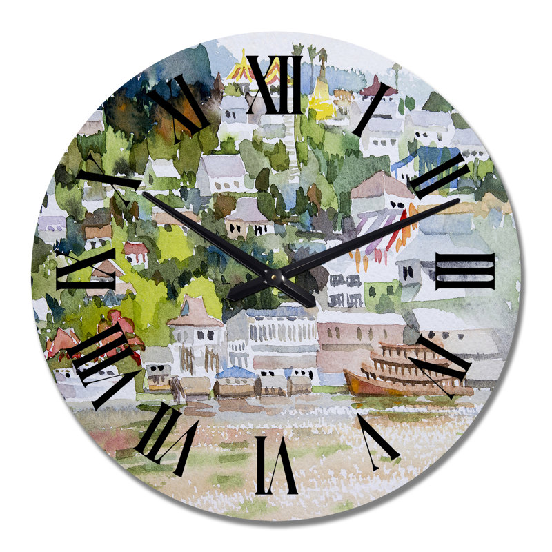 Paysage asiatique avec paquebot sur une rivière - horloge murale moderne Mid-Century, Moyen