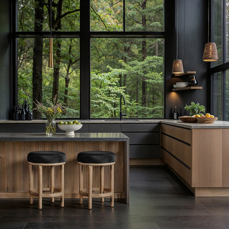 Tabouret de comptoir en velours Monette, Velours noir, Naturel