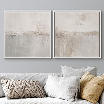 Soft Gray Beige Abstract Horizon With Minimal Modern Neutral Calm Framed Canvas Master Bedroom Wall Art Work 2 Pieces Print Set