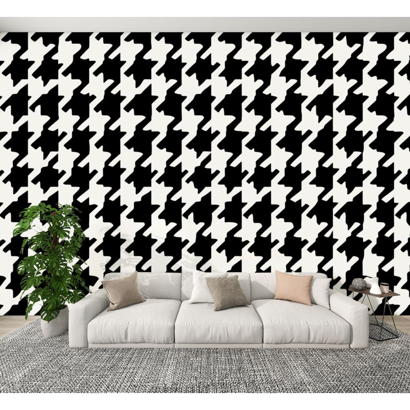 Papier peint adhésif noir et blanc Houndstooth, L 144 po x l 100 po