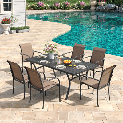 6-Person Patio Dining Set with 63" Rectangular Dining Table and 6 PVC-coated polyester Stackable Chairs