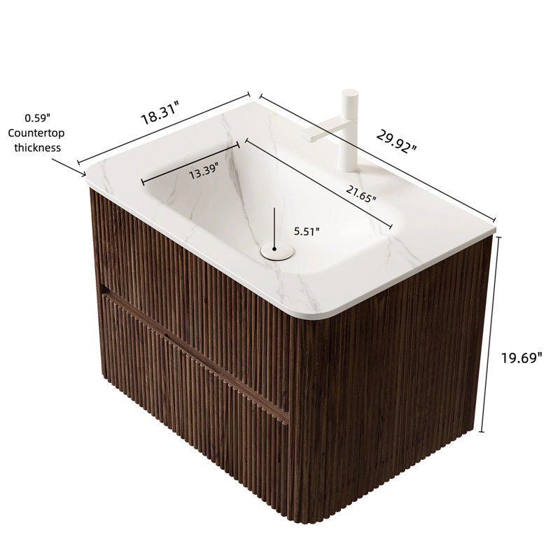 30" Bathroom Vanity with Sink, Wall-Mounted Floating Plywood  Bathroom Storage Cabinet with 2 Drawers, Carrara White Basin