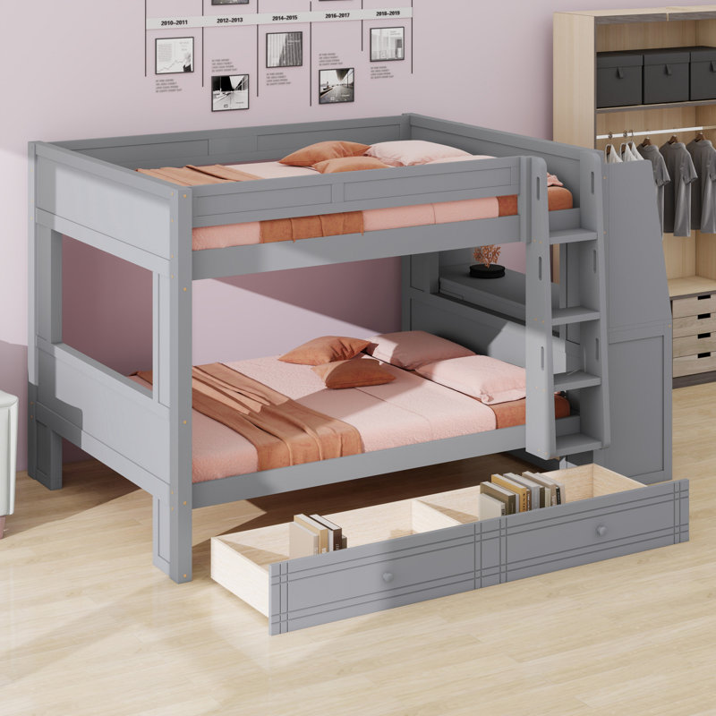 Lit superposé peu encombrant avec bureau d'étude, étagères et tiroirs sous le lit, Gris