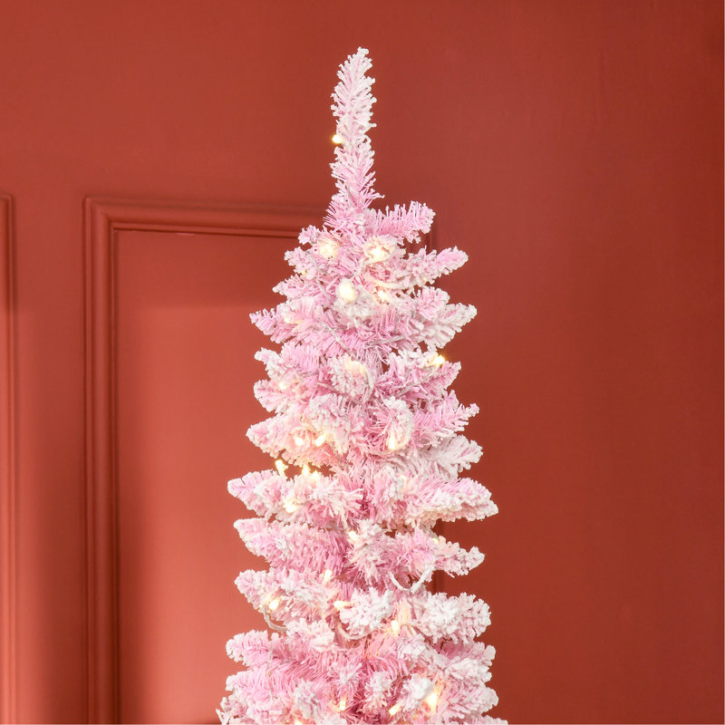 Arbre de Noël artificiel enneigé avec forme de crayon, branches réalistes en pin, lumières DEL blanc chaud, ouverture automatique, rose et blanc
