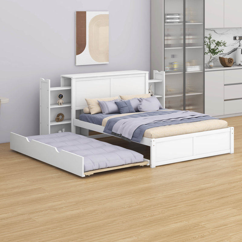 Lit plateforme avec rangement et tablettes coulissantes, lit de jour en bois avec lit gigogne simple TG, Lit double