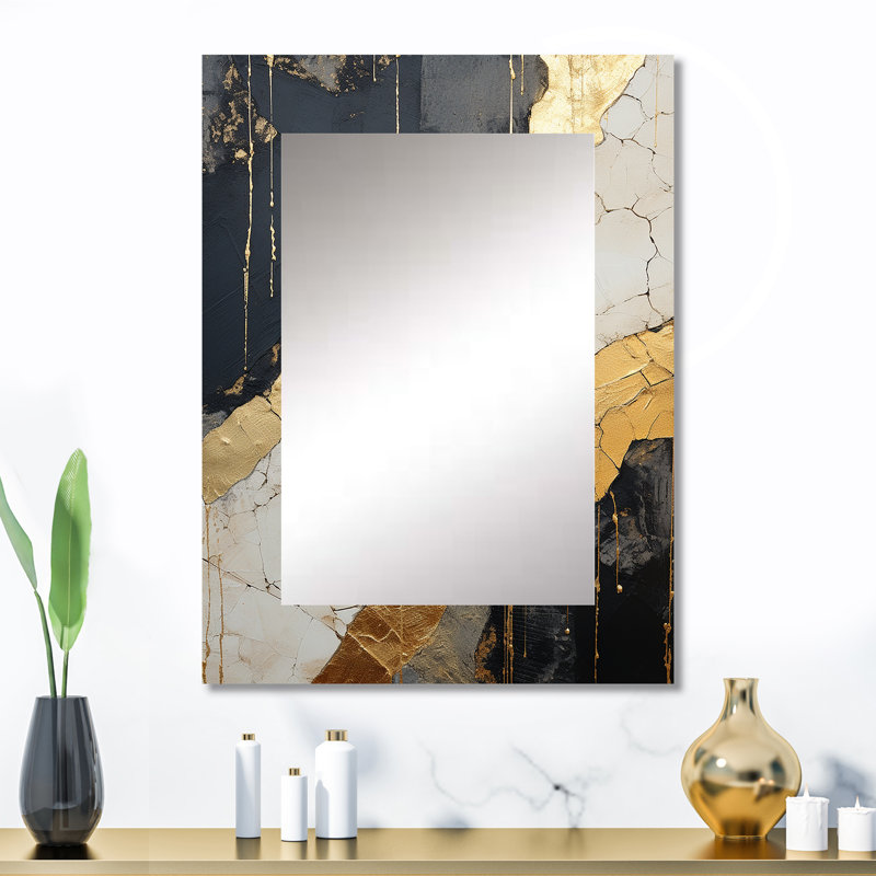«Black Gold Adorned Poteries V», miroir mural unique à spirales abstraites, miroir moderne, art imprimé en métal