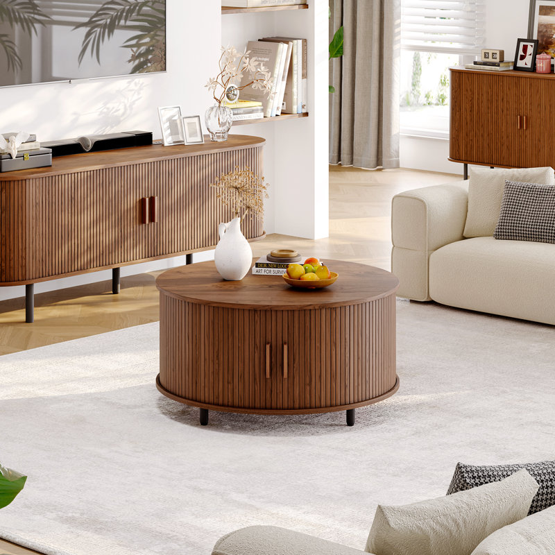 31.5" Modern Round Coffee Table With 360° Curved Sliding Door, Walnut