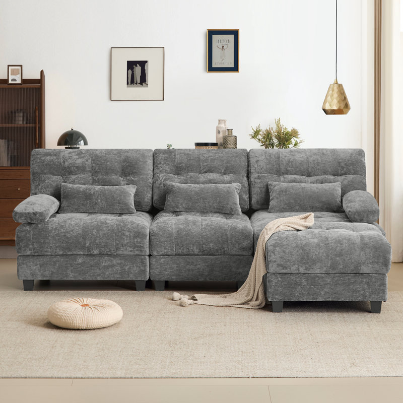 93'' Modular Sectional Cloud Couch With 1 Ottoman,Deep Seat Sleeper Sofa L Shaped Sectional Couch,Convertible Upholstered Comfy Chenille Sectional Sofa For Living Room,Bedroom