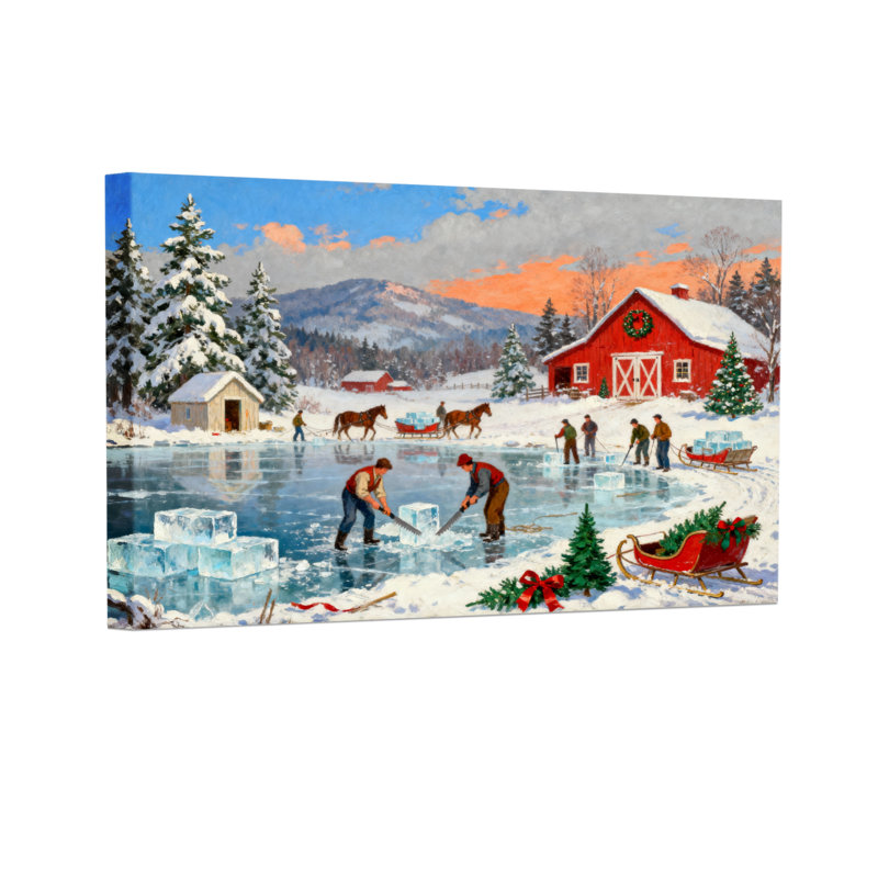 Scène de ferme de Noël avec récolte de glace, ensemble de 3 impressions d'art sur toile, H 12 po x l 18 po