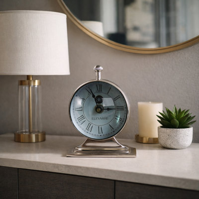 Aparicio Decorative Round Aluminum & Glass Double Sided Tabletop Clock with Compass Dial for Home Decor - Vintage Desk Accent for Office or Entryway - 7", Silver
