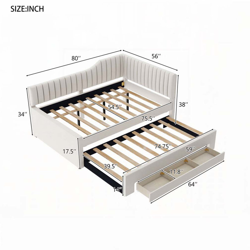 Upholstered Daybed with Trundle and Three Drawers, Beige, Full/Double
