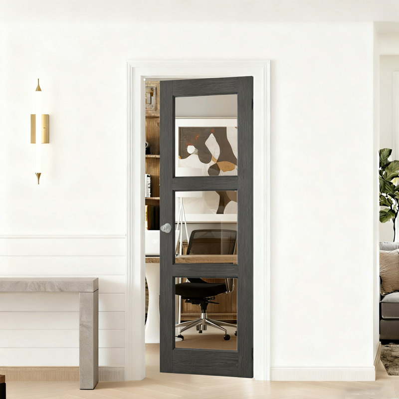Porte à dalle - 3 portes intérieures en verre noir avec poignée ronde argentée 32 po x 80 po, 32 po x 80 po