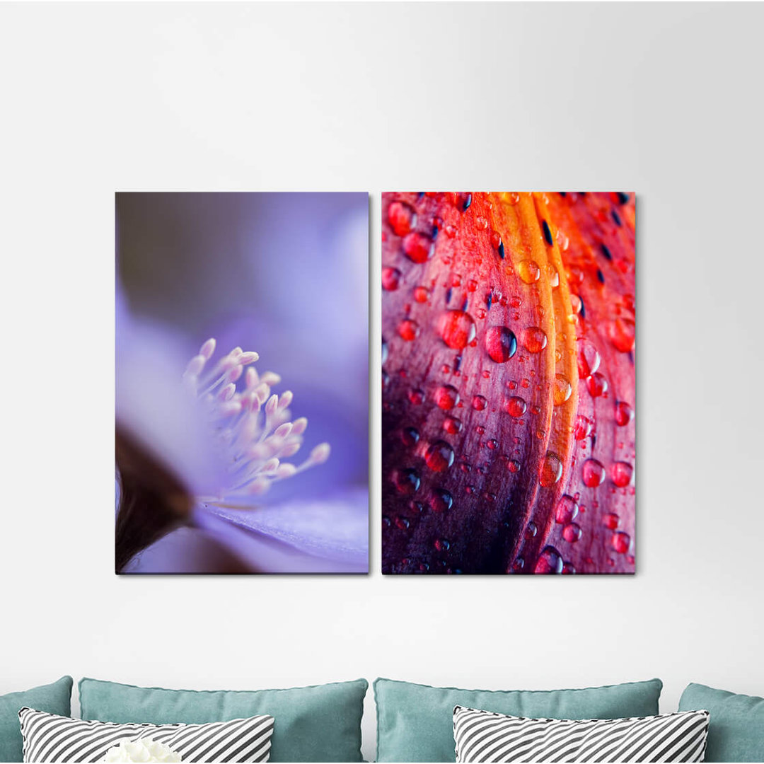 2-tlg. Leinwandbilder-Set - Grafikdruck „Flowers Raindrops Colourful Refreshing”