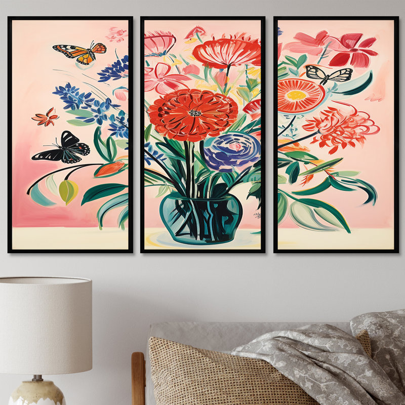 Ensemble de salon mural Orval - Bouquets assortis, Cadre flottant noir, H 32 po x l 48 po x P 1 po