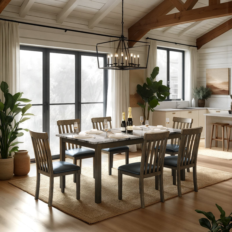 Deral 7 - Piece Traditional Solid Wood Dining Set with PU Leather Chair and Marble Table