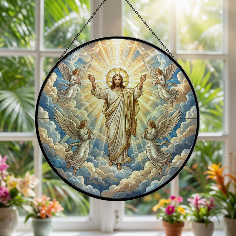 Panneau de vitrail Jésus Angels ， 12 ", H 12 po