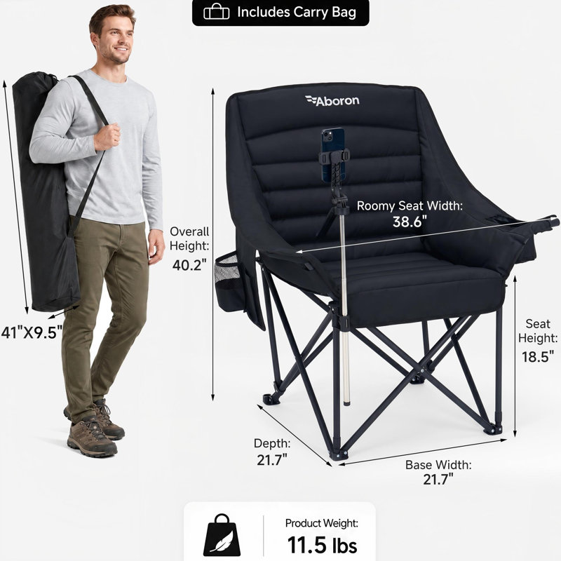 Oversized Padded Stadium Chair, Folding Spectator Chair with Phone Holder & Side Pocket for World Cup Sports Events, Black