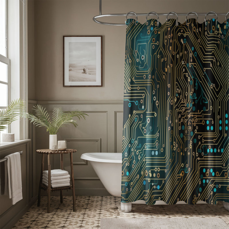 Circuitry - Rideau de douche Premium, H 74 po x l 71 po, Teal/Gold, Tech Art