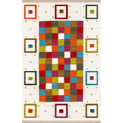 Multi Color Geometric Square Pattern Modern Decorative Machine Washable Area Rug