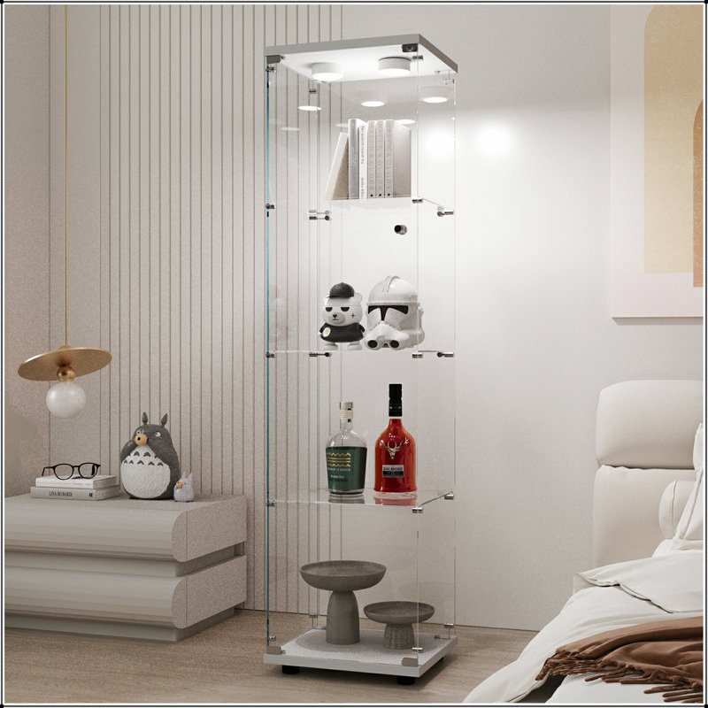 Tempered Glass Display Cabinet With Battery-Powered Light And Adjustable Feet, Ideal For Secure Storage And Elegant Display
