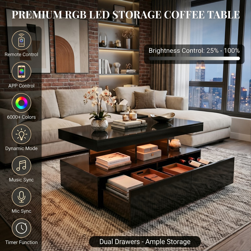104cmW Modern UK High Gloss Coffee Table with RGB LED (App-Control), 2 Large Storage Drawers & Open Shelf, Black