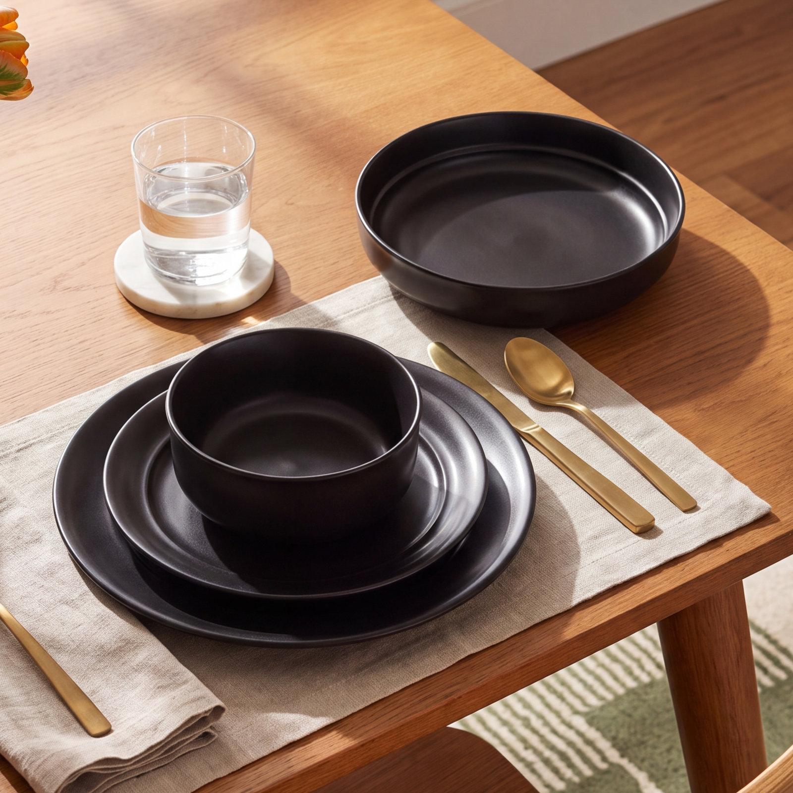 over&back Rimmed 16-Piece Semi Hand-Finished Stoneware Dinnerware Set, Service for 4, Black