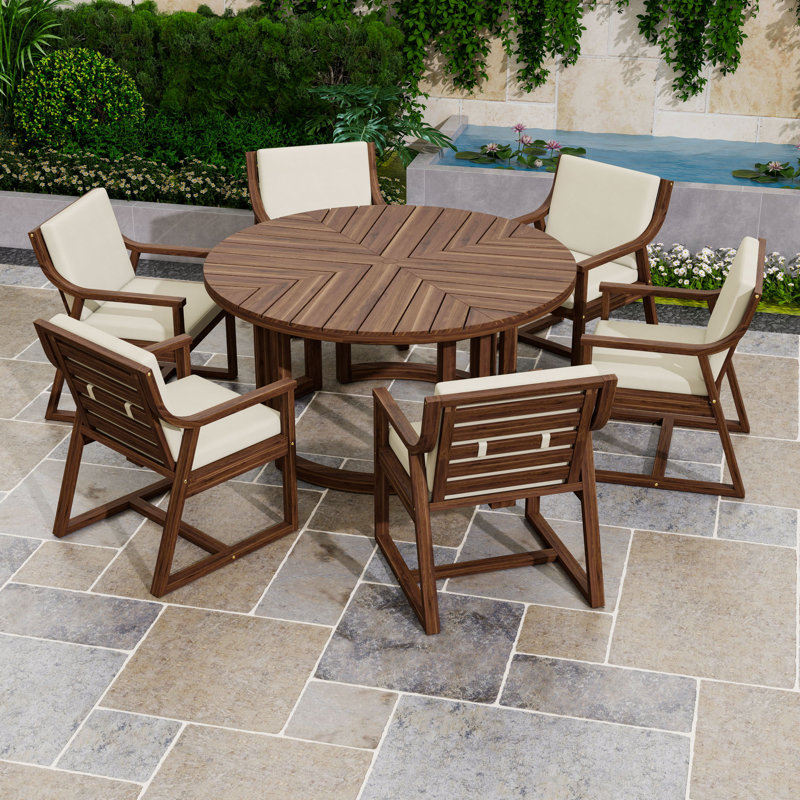 Ensemble de salle à manger 7 pièces avec table ronde, chaises rembourrées et trou pour parasol, Moka