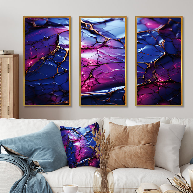 Décoration murale en marbre rose et mauve Essence V - Marbre, Cadre flottant doré, H 28 po x l 36 po x P 1 po