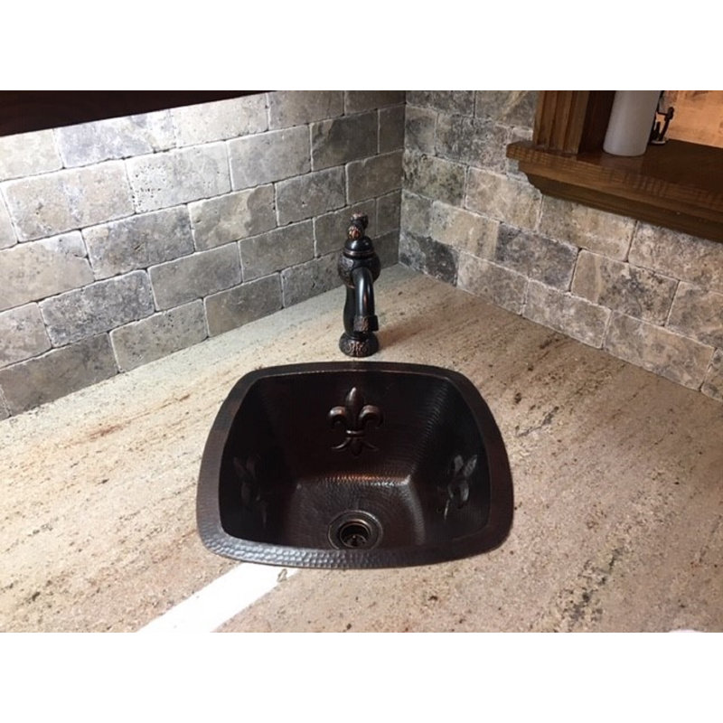 15" Square Copper Wet Bar Sink with Fleur de lis Design