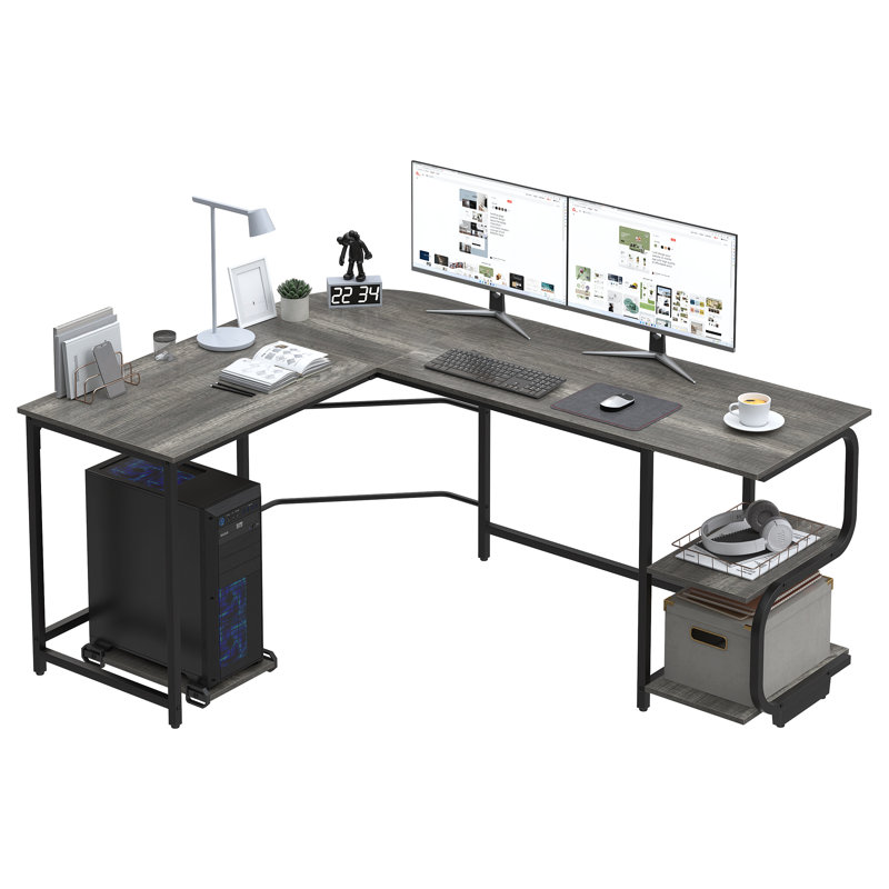 L-Shaped Metal Base Computer Desk, Black Oak/Black, 29.3" H x 68.9" W x 53.1" D