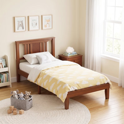 Lit plateforme en bois massif de style Mid-Century avec tête de lit, support à lattes de bois, aucun sommier nécessaire